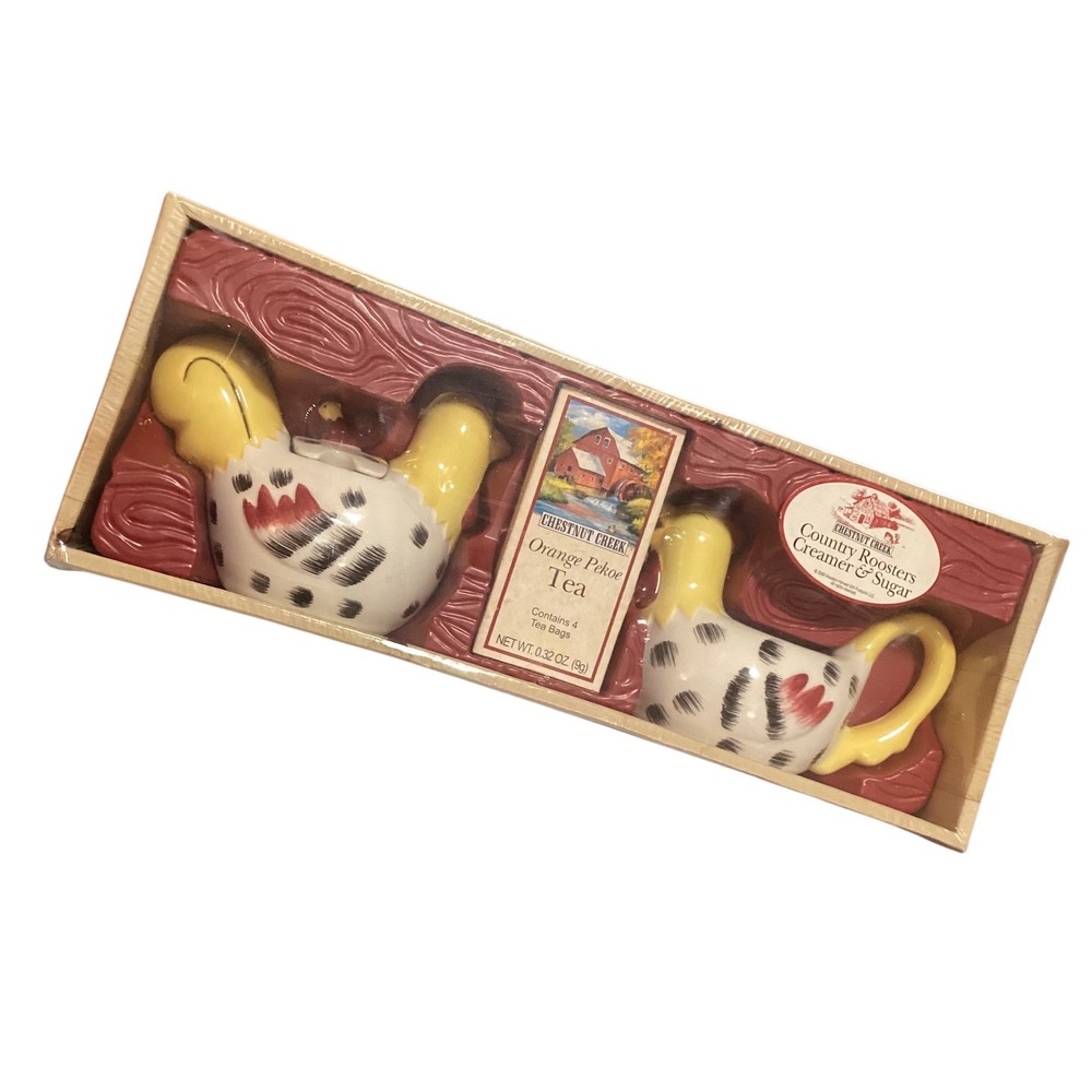 Chestnut Creek Country Roosters Creamer Sugar Set and Orange Pekoe Tea NEW